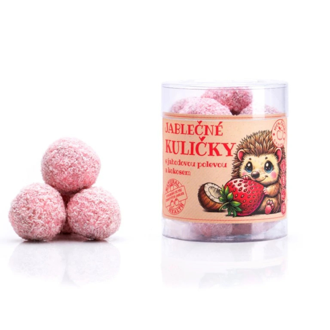 Jablečné kuličky s jahodovou polevou a kokosem